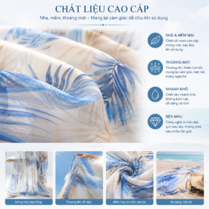 Hình ảnh cận cảnh chất liệu khăn đi biển dáng dài với kết cấu voan mềm mại, nhẹ nhàng và thoáng khí. Sản phẩm có khả năng chống nắng, nhanh khô, bền màu và phù hợp sử dụng khi đi biển, du lịch hoặc chụp ảnh ngoài trời.