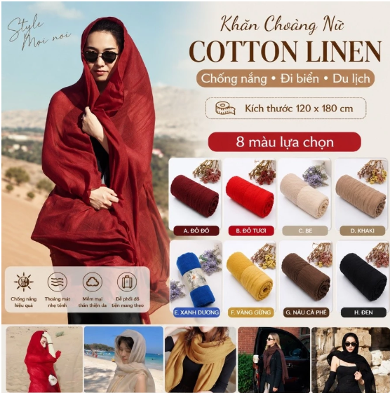 Khăn Choàng Nữ Cotton Linen Phong Cách Chống Nắng Đi Biển khăn choàng nữ cotton