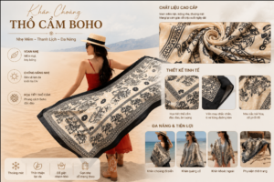 Ảnh mô tả khăn choàng nữ thổ cẩm Boho cao cấp với họa tiết voi và hoa văn dân tộc, chất liệu voan mỏng nhẹ, mềm mại, thoáng mát, thích hợp làm khăn choàng đi biển, khăn quàng cổ và phụ kiện thời trang du lịch