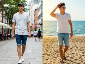 Outfit du lịch biển cho nam với áo thun trắng, quần short jean và sandal, phong cách trẻ trung, năng động, phù hợp dạo biển và du lịch mùa hè.