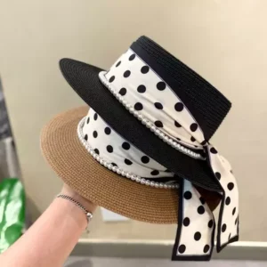 Du Lịch Mũ Rơm Nhật Bản Đơn Giản Chấm Bi Nón Nữ Mùa Hè Che Nắng Kỳ Nghỉ Đi Biển Mũ Pháp Flat Mũ Trắng